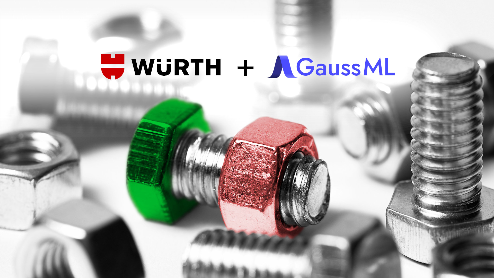 Los logotipos de GaussML y Würth uno al lado del otro, con una imagen en color selectiva de sujetadores industriales en verde, blanco y rojo, los colores de la bandera italiana.